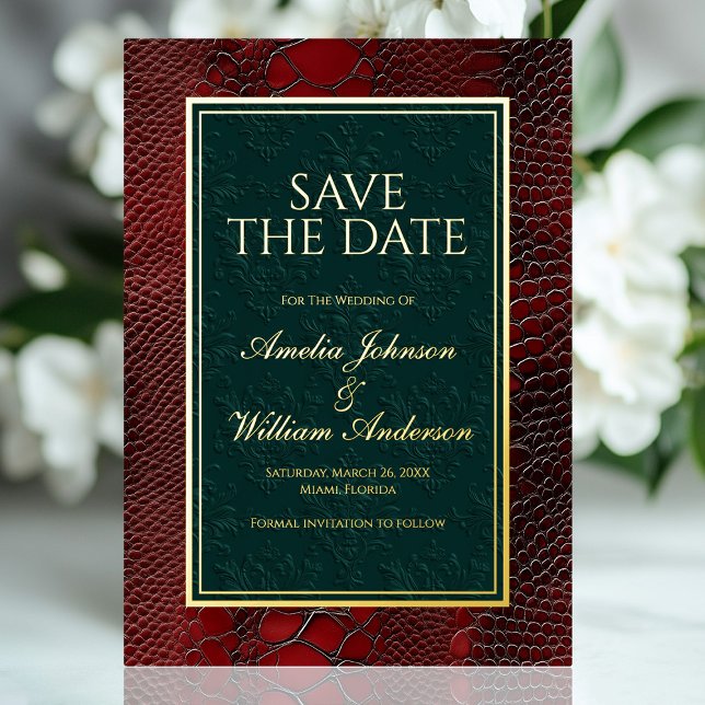 Invitation En Aluminium Snakeskin Cuir Victorien Rouge Enregistrer La Date (Snakeskin Leather Victorian Red Save The Date Foil Invitation)