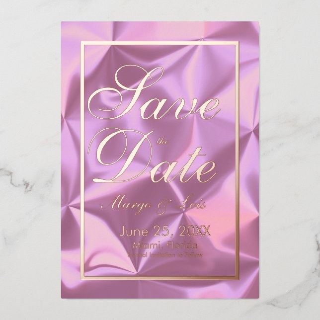 Invitation En Aluminium Soie rose Enregistrer la date Gold Pressé (Recto)
