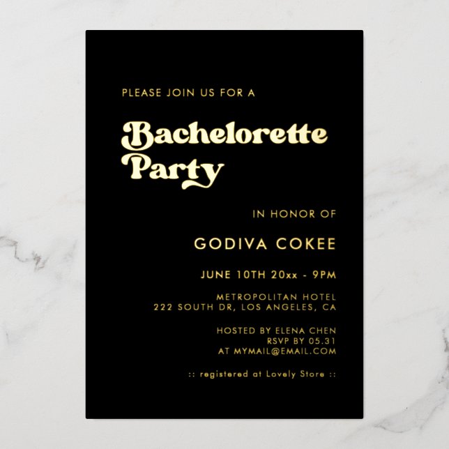 Invitation En Aluminium Soirée Bachelorette Soirée Noire & Or (Recto)
