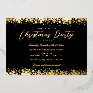 Invitation En Aluminium Soirée de Noël Elégante Black Gold Snowflake