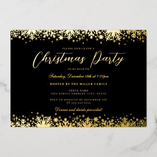 Invitation En Aluminium Soirée de Noël Elégante Black Gold Snowflake (Recto)