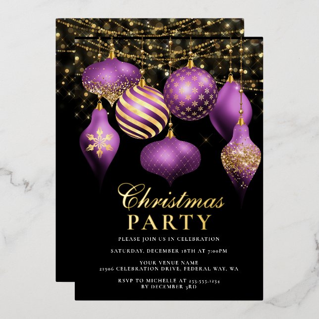 Invitation En Aluminium Soirée de Noël élégante en or violet (Recto/Verso)
