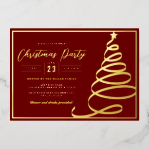 Invitation En Aluminium Soirée de Noël élégante Red Gold Tree