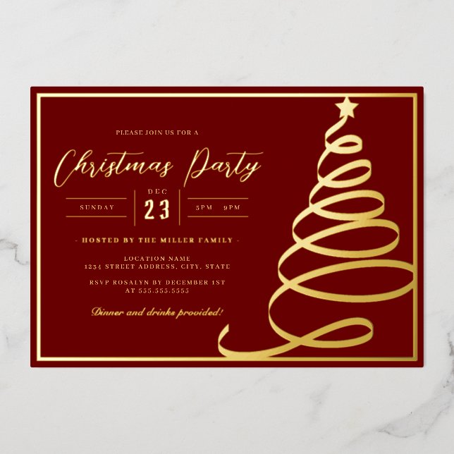 Invitation En Aluminium Soirée de Noël élégante Red Gold Tree (Recto)