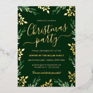 Invitation En Aluminium Soirée de Noël Gold Green Leaf