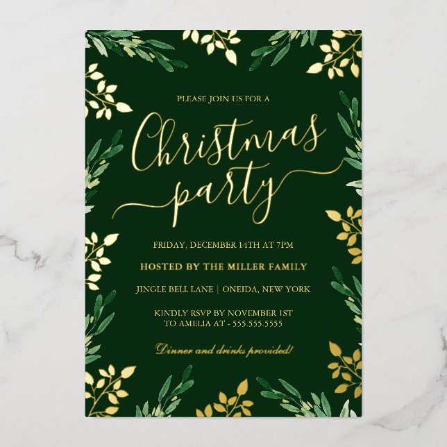 Invitation En Aluminium Soirée de Noël Gold Green Leaf (Recto)