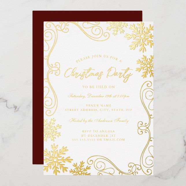 Invitation En Aluminium Soirée de Noël Gold Red Swirl Snowflake (Recto/Verso)