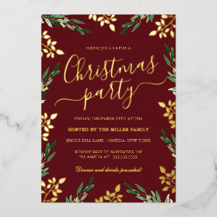 Invitation En Aluminium Soirée de Noël Red Gold Green Leaf