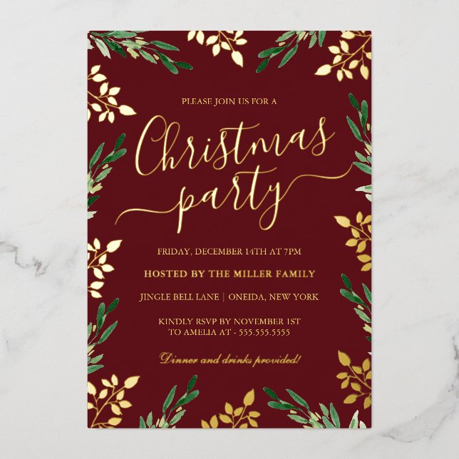 Invitation En Aluminium Soirée de Noël Red Gold Green Leaf (Recto)