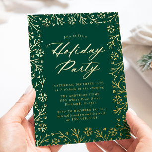 Invitation En Aluminium Soirée Elegant Green et Gold Snowflake