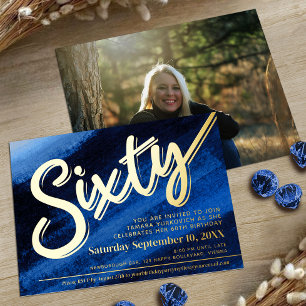 Invitation En Aluminium Soixante fête d'anniversaire 60 ans or saphir bleu