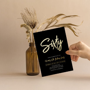 Invitation En Aluminium Soixante   Soirée d'anniversaire Black Chic Script