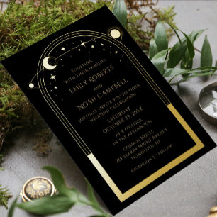 Invitation En Aluminium Soleil Lune Étoiles Astronomie Noir Or Céleste