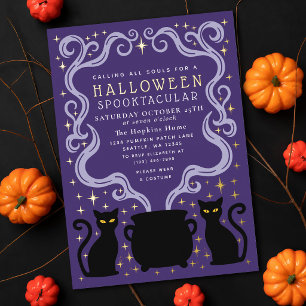 Invitation En Aluminium Sorcellerie Violette Chat Noir Chaudron Fête Hallo
