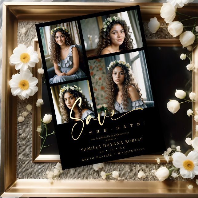 Invitation En Aluminium Spanish Black Trendy Quinceañera Collage 4 Photos (Spanish Black Trendy Quinceañera Collage 4 Photos Metallic Foil Save the Date Card. )