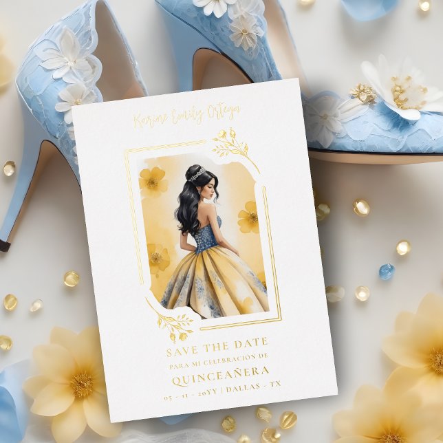 Invitation En Aluminium Spanish Elegant Quinceañera Yellow Doll Floral (Spanish Elegant Quinceañera in Yellow Doll Floral Frame Metallic Foil Save the Date Card. )