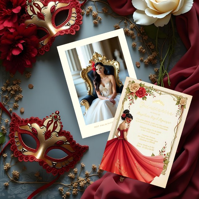 Invitation En Aluminium Spanish Exquisite Chic Quinceañera Masquerade Ball (Spanish Exquisite Elegant Quinceañera Masquerade Ball Golden Metallic Foil Invitation Cards.)