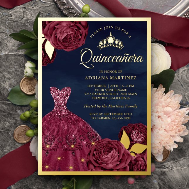 Invitation En Aluminium Sparkle Gown Bourgogne Floral Navy Quinceanera Gol (Créateur téléchargé)