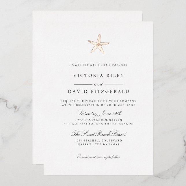 Invitation En Aluminium Starfish Elegant Ocean Beach MARIAGE ROSE OR V2 (Recto/Verso)