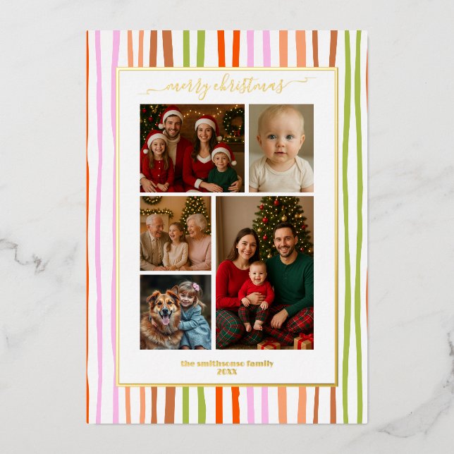 Invitation En Aluminium Stripes foil family Photo Christmas real (Recto)
