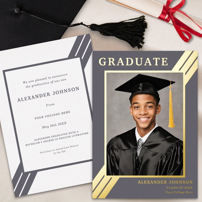 Invitation En Aluminium Stripes modernes Graduate Photo Gris et or (Modern gray and gold foil stripes graduate photo Graduation announcement card)