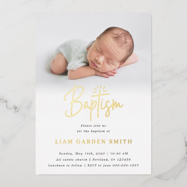 Invitation En Aluminium Subtle Cross One Photo Baptism Gold Foil Invitati (Recto)