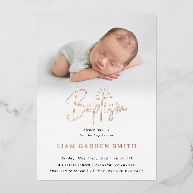 Invitation En Aluminium Subtle Cross One Photo Baptism Rose Gold (Recto)