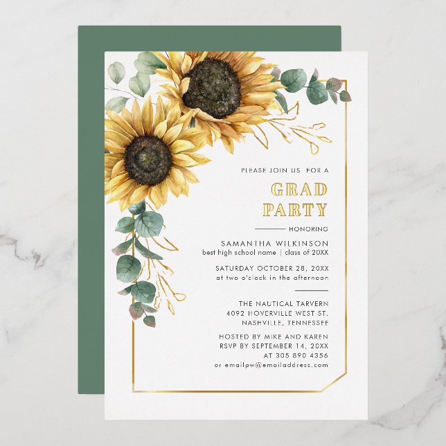 Invitation En Aluminium Sunflower Eucalyptus Graduation 2025 Party (Recto/Verso)