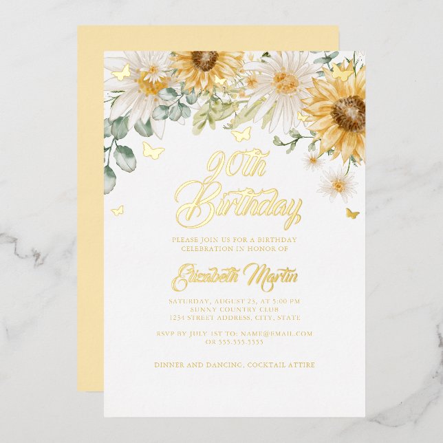 Invitation En Aluminium Sunflower Gold Butterfly 90th Birthday Party (Recto/Verso)
