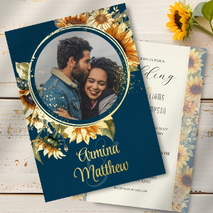 Invitation En Aluminium Sunflower Navy Blue Photo Mariage Gold