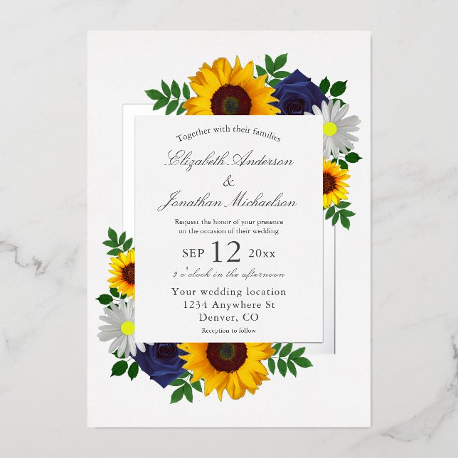 Invitation En Aluminium Sunflower Rose Daisy Automne Floral Mariage (Recto)