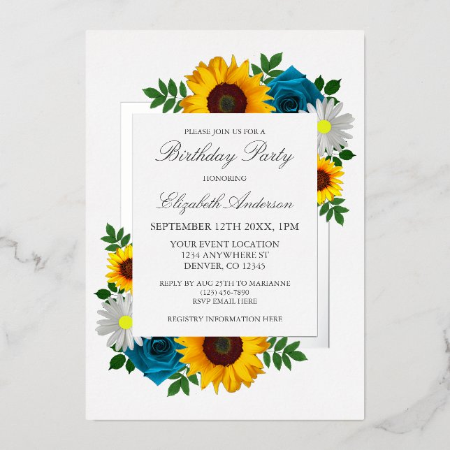 Invitation En Aluminium Sunflower Rose Daisy Floral Anniversaire (Recto)