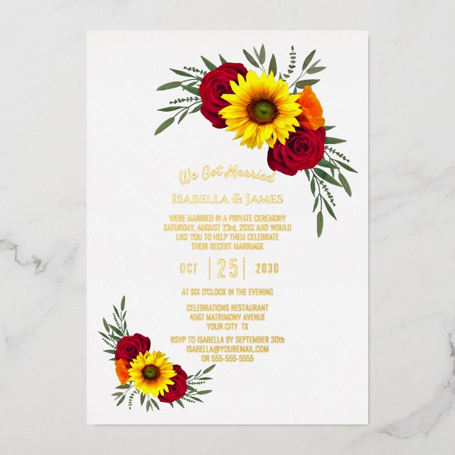 Invitation En Aluminium Sunflower Rose Gold Texte Réception de mariage (Recto)
