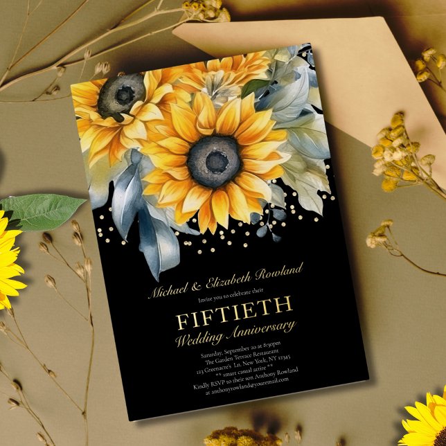 Invitation En Aluminium Sunflowers moderne Gold 50e anniversaire Mariage (Créateur téléchargé)