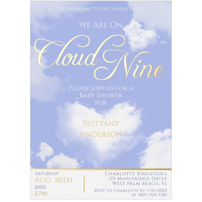 Invitation En Aluminium Sur Cloud Neuf Élégant Script Baby shower Or (On Cloud Nine Elegant Script Baby Shower Gold Foil Invitation)
