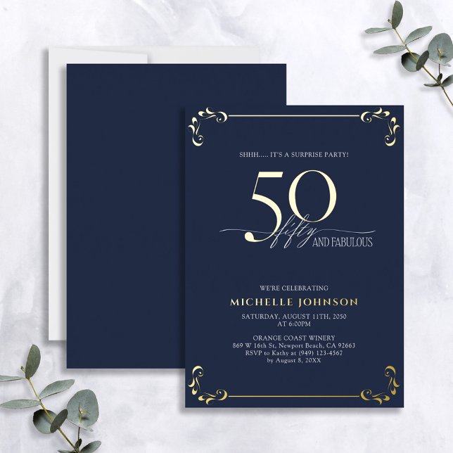 Invitation En Aluminium Surprise 50 & Fabulous Blue & Gold Birthday (Créateur téléchargé)