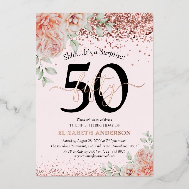 Invitation En Aluminium Surprise 50e anniversaire rose Floral Rose Gold (Recto)