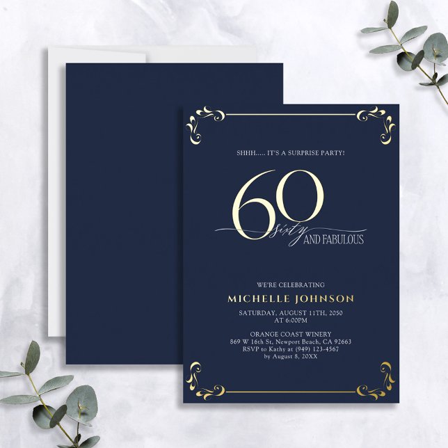 Invitation En Aluminium Surprise 60 & Fabulous Blue & Gold Birthday (Créateur téléchargé)