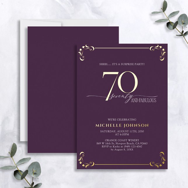 Invitation En Aluminium Surprise 70 & Fabuleux Purple & Gold Anniversaire (Créateur téléchargé)