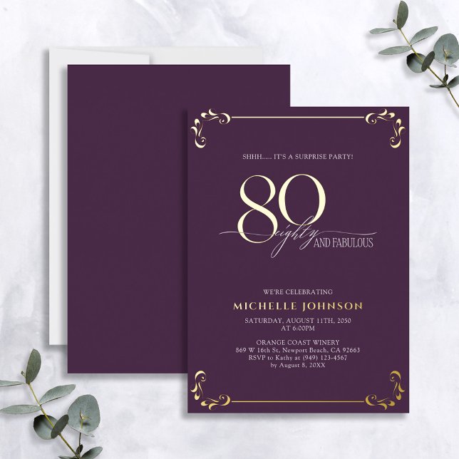 Invitation En Aluminium Surprise 80 & Fabuleux Anniversaire Purple & Or (Créateur téléchargé)