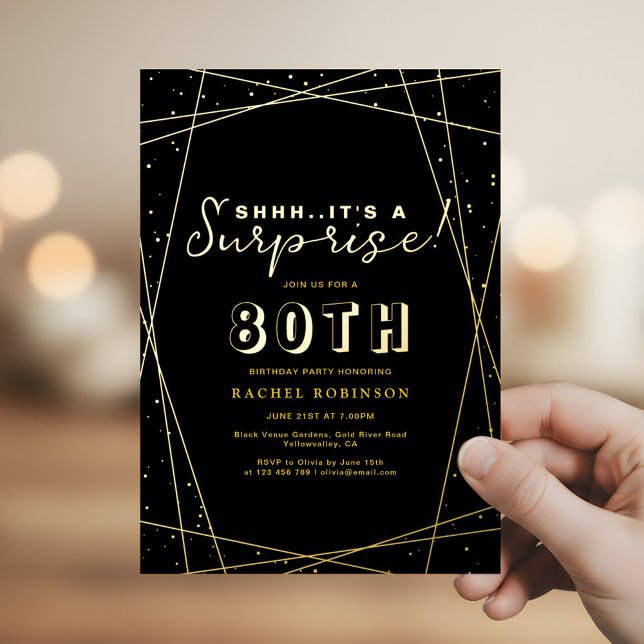 Invitation En Aluminium Surprise 80th Birthday Geometric Black & Gold (Créateur téléchargé)
