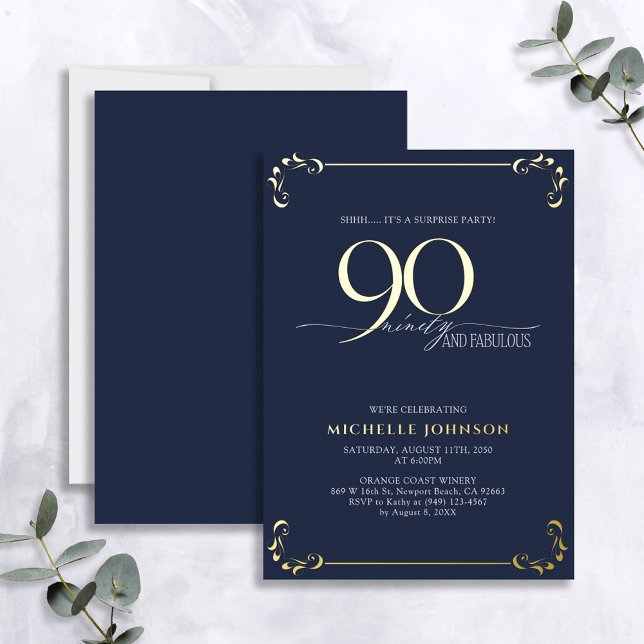Invitation En Aluminium Surprise 90 & Fabulous Blue & Gold Birthday (Créateur téléchargé)