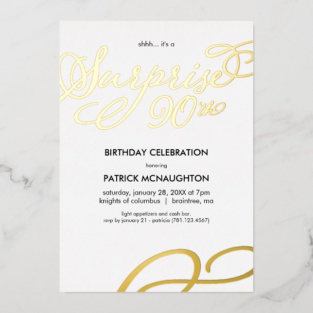 Invitation En Aluminium Surprise Party 90e anniversaire Gold Foil Invitati (Recto)