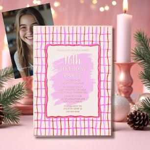 Invitation En Aluminium Sweet 16 rose main dessinée Anniversaire Foil Invi