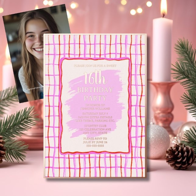 Invitation En Aluminium Sweet 16 rose main dessinée Anniversaire Foil Invi (Créateur téléchargé)