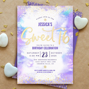 Invitation En Aluminium Sweet 16 Script Purple Aquarelle Glam Real Gold