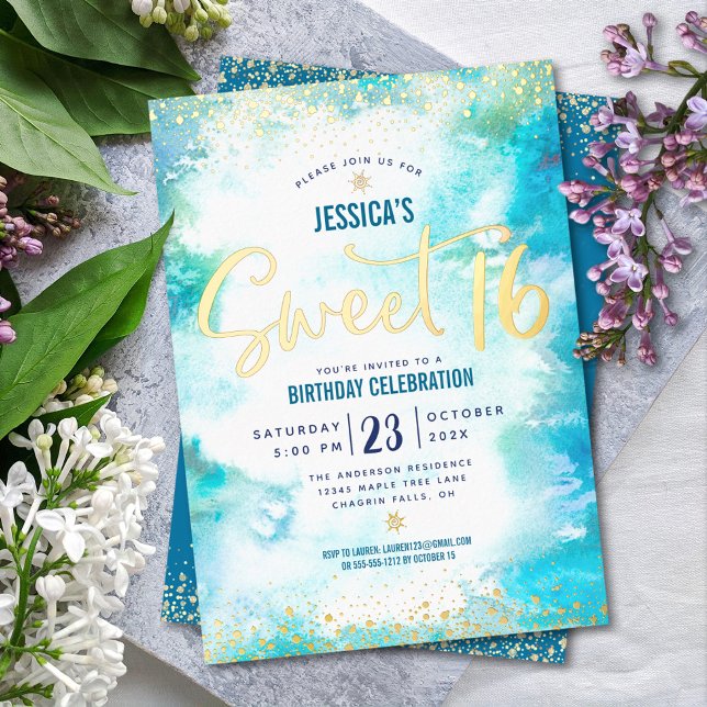 Invitation En Aluminium Sweet 16 Script Turquoise Aquarelle Vrai Or (Créateur téléchargé)