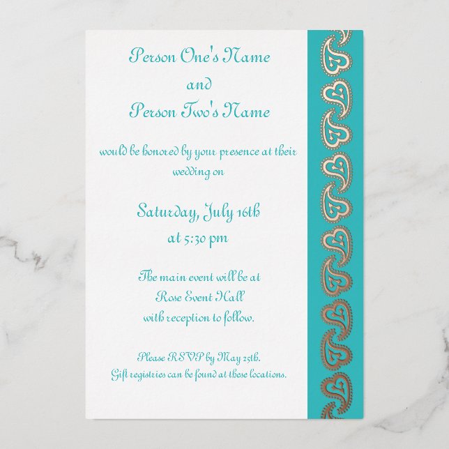 Invitation En Aluminium Sweet Paisley Hearts dans Turquoise Foil Invitatio (Recto)