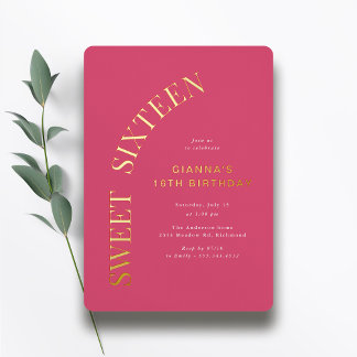 Invitation En Aluminium Sweet Sixteen | Rose Chaude et Or 16e Anniversaire