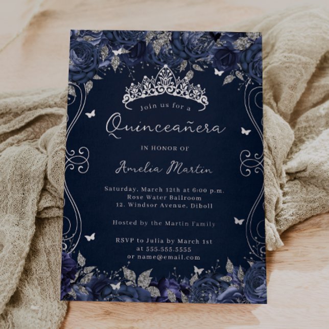 Invitation En Aluminium Swirl argenté de la marine Flore Quinceanera (Créateur téléchargé)